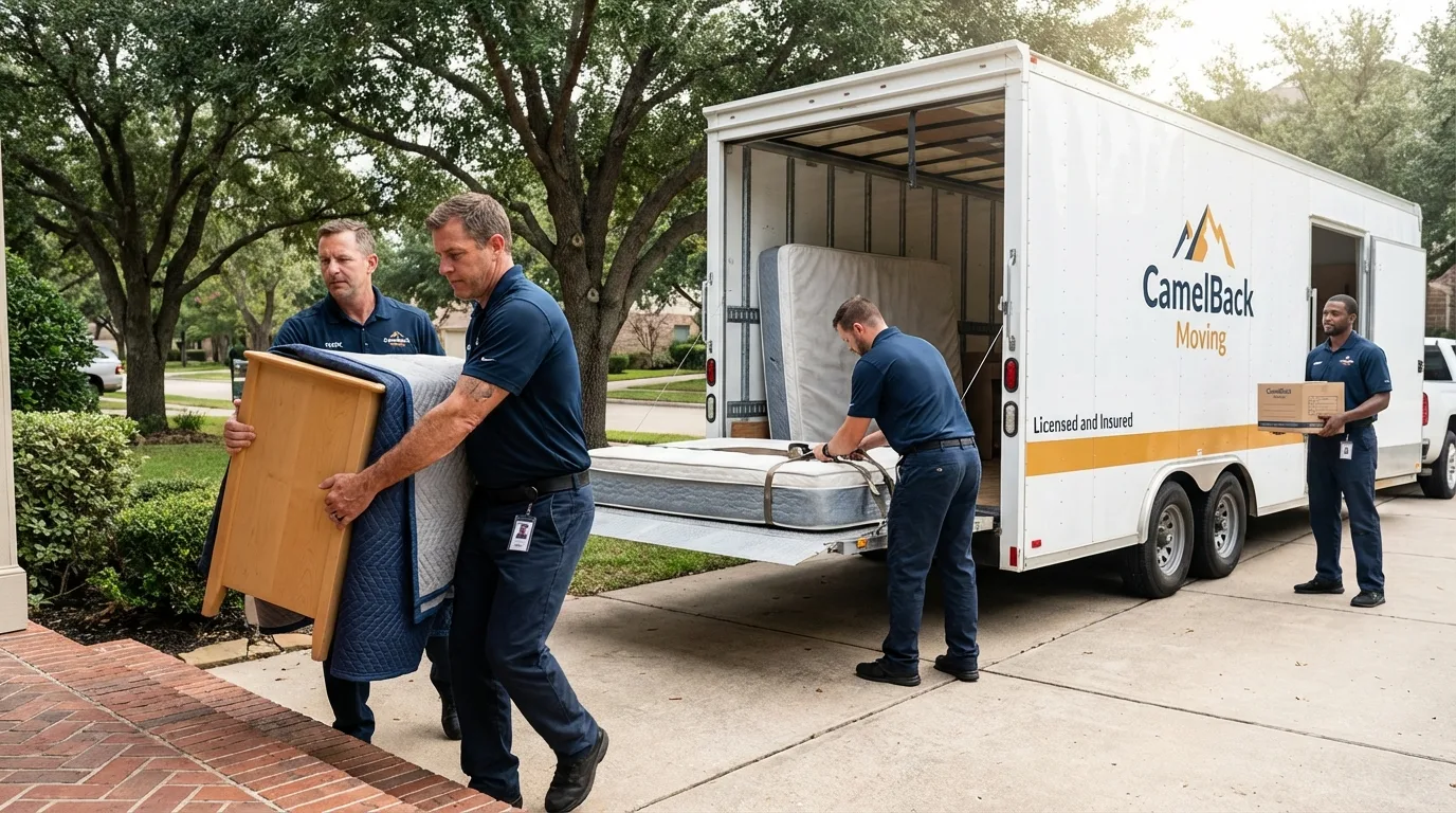 Crew loading residential truck for cross-state move from Southmayd, TX