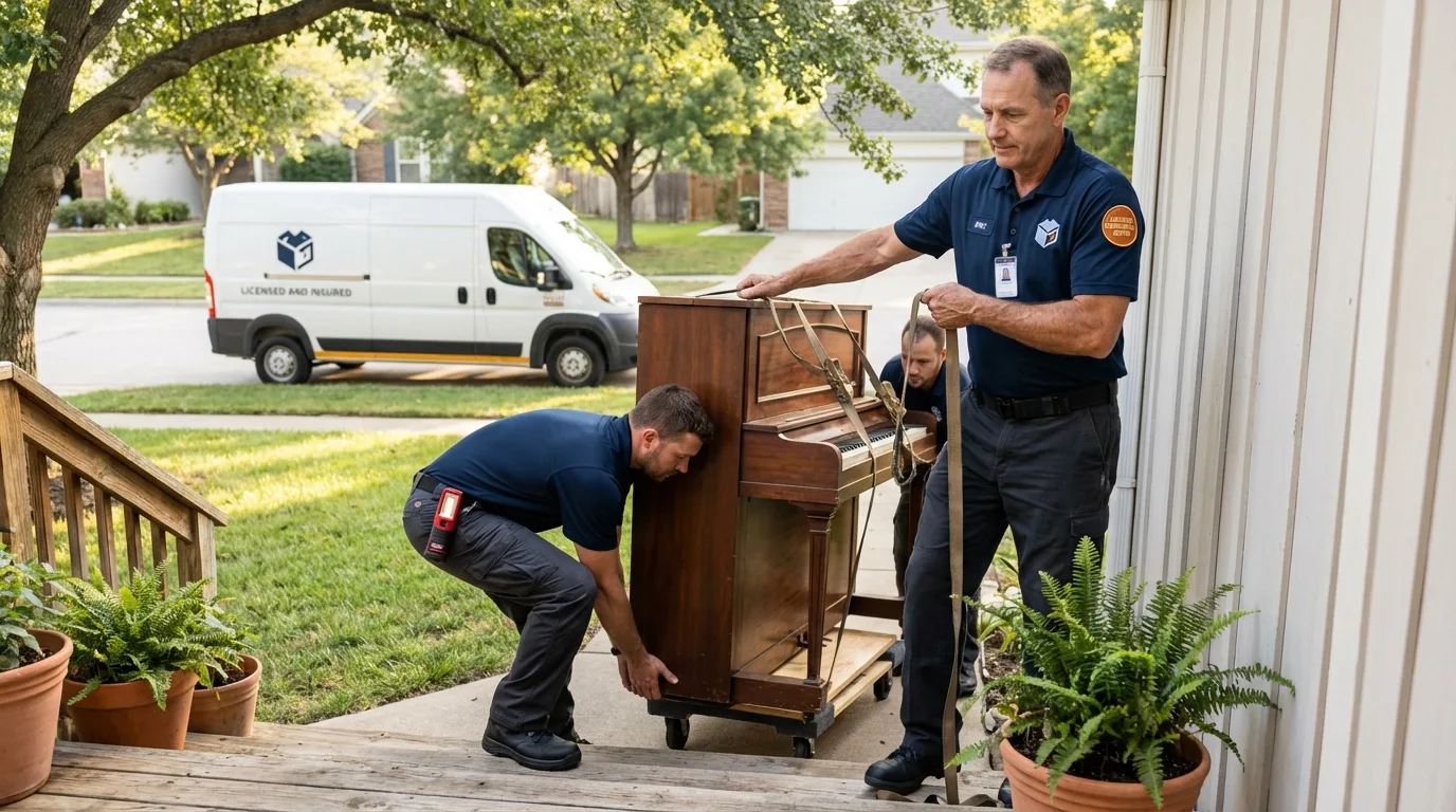 Licensed piano movers securing grand piano in Southmayd, TX