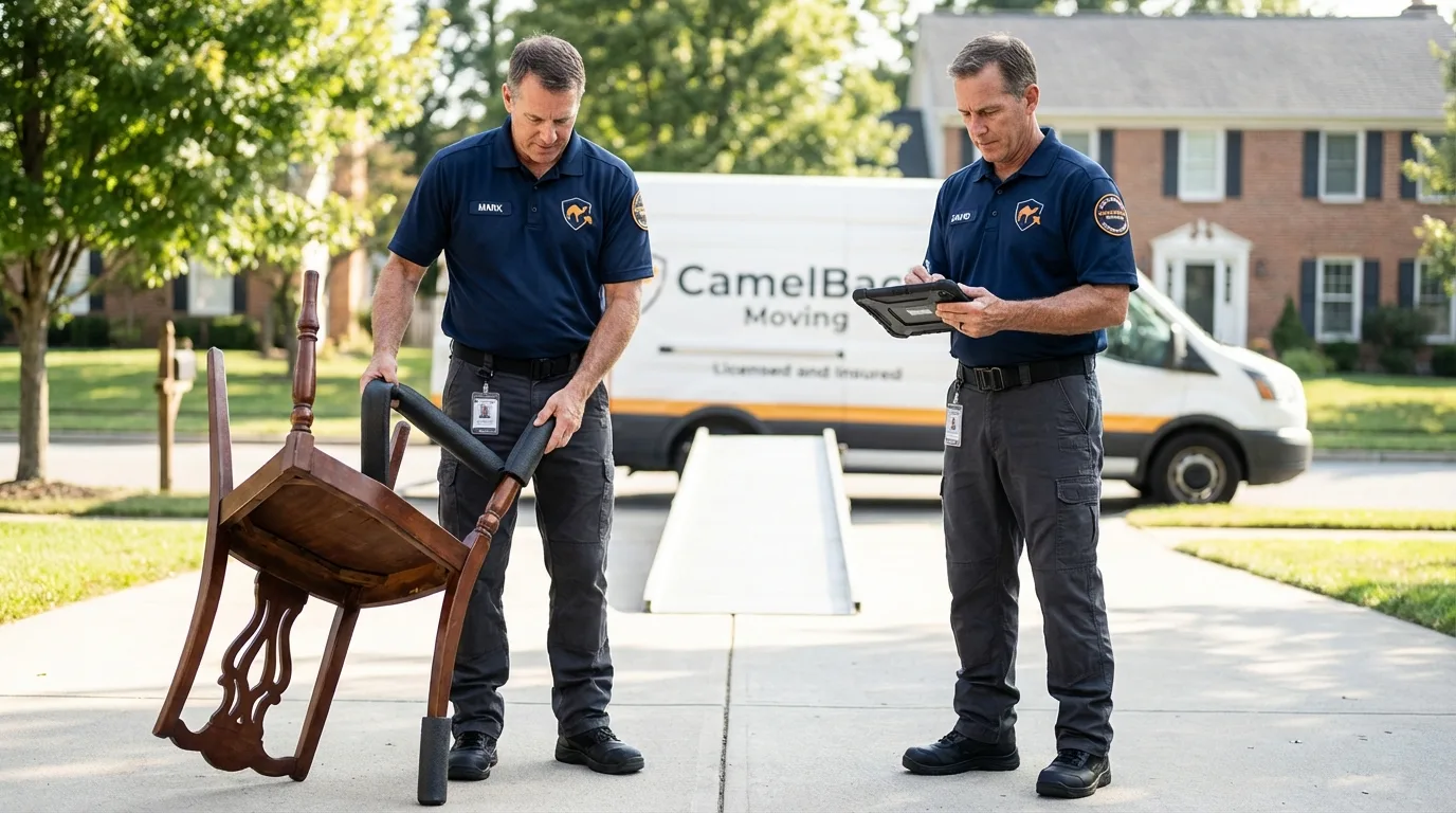 Movers inspecting furniture for damage prevention before loading in Southmayd, TX