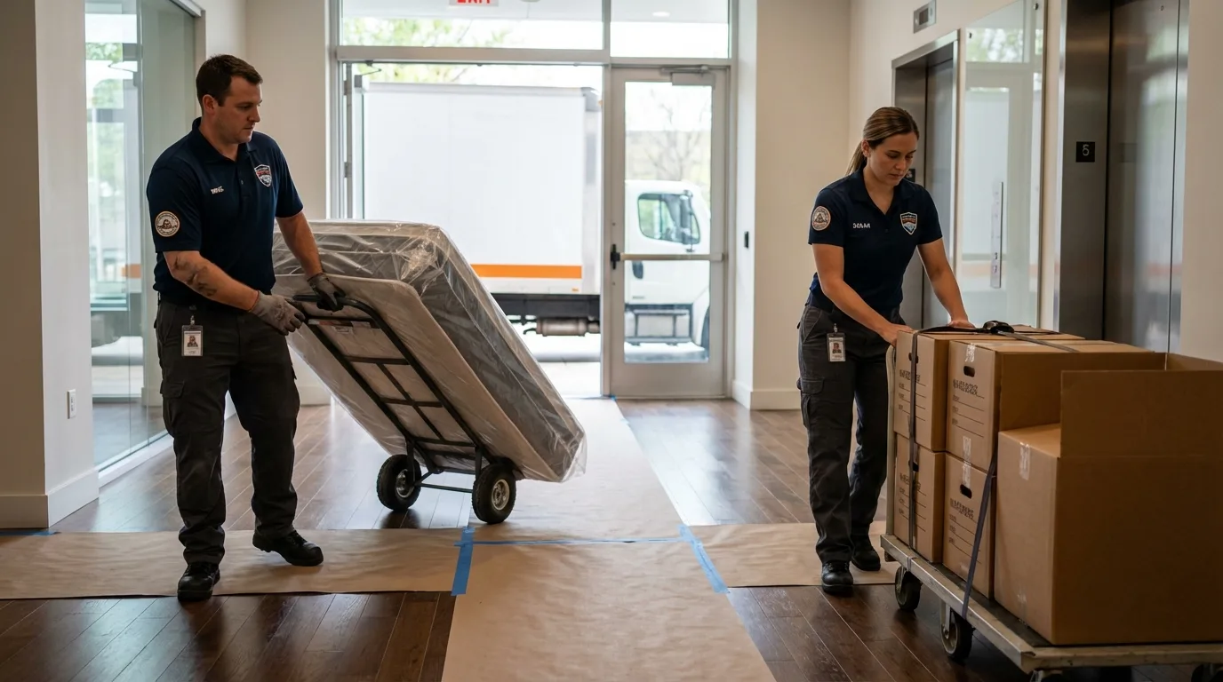 Professional apartment movers loading elevator in Southmayd, TX